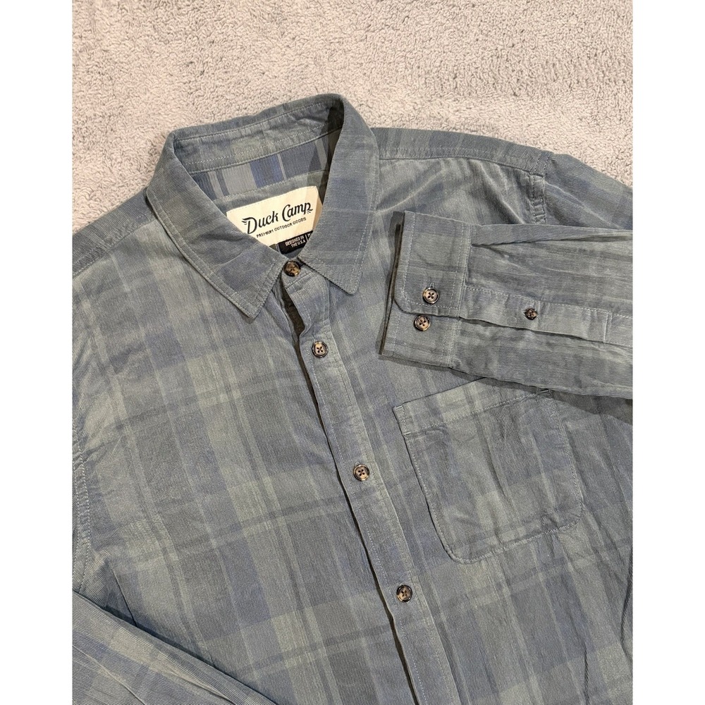 Duck Camp Outdoor Button Up Shirt Men's L Ocean Blue Micro Corduroy Plaid USA